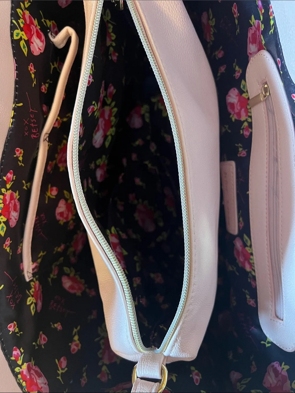Betsey Johnson Pink and Cream Striped Satchel with Bow Charm